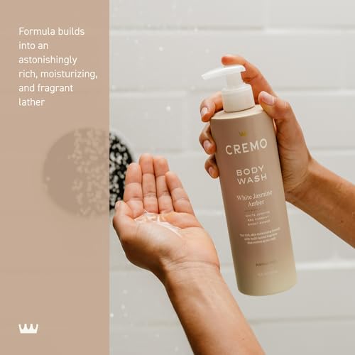 Cremo White Jasmine Amber labeling and packaging convey a sophisticated skincare ritual.