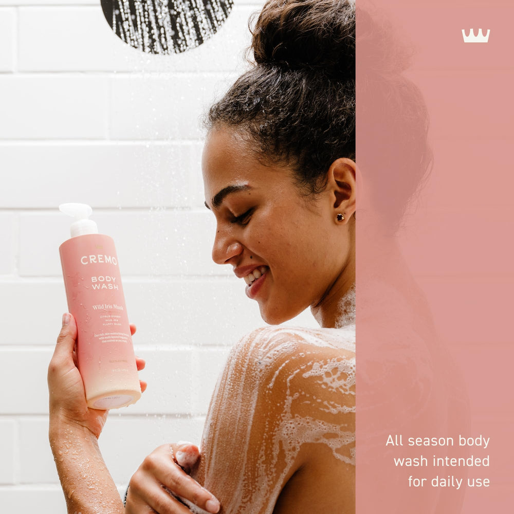 Cremo Wild Iris Musk in shower scene illustrates evolving fragrance as you wash.