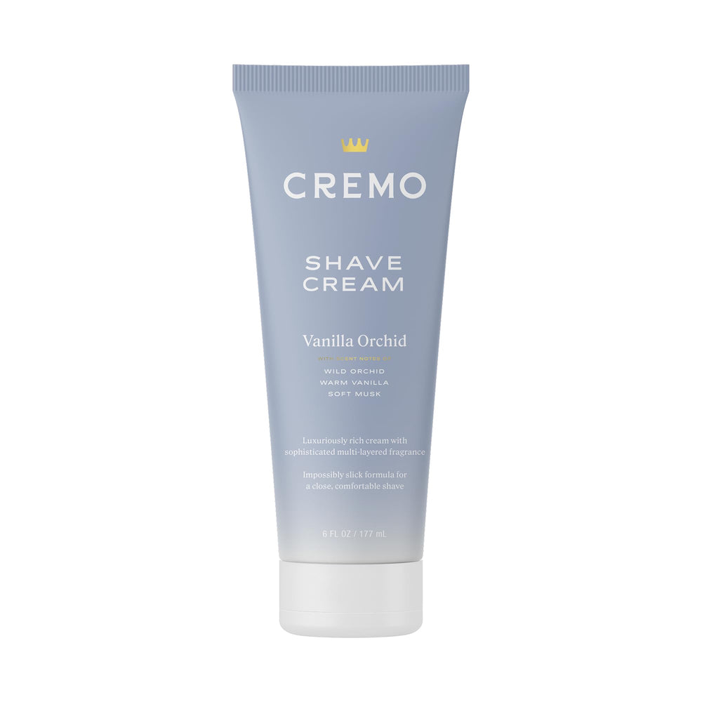 Cremo shaving cream bottle poured for sensitive skin with vanilla orchid aroma