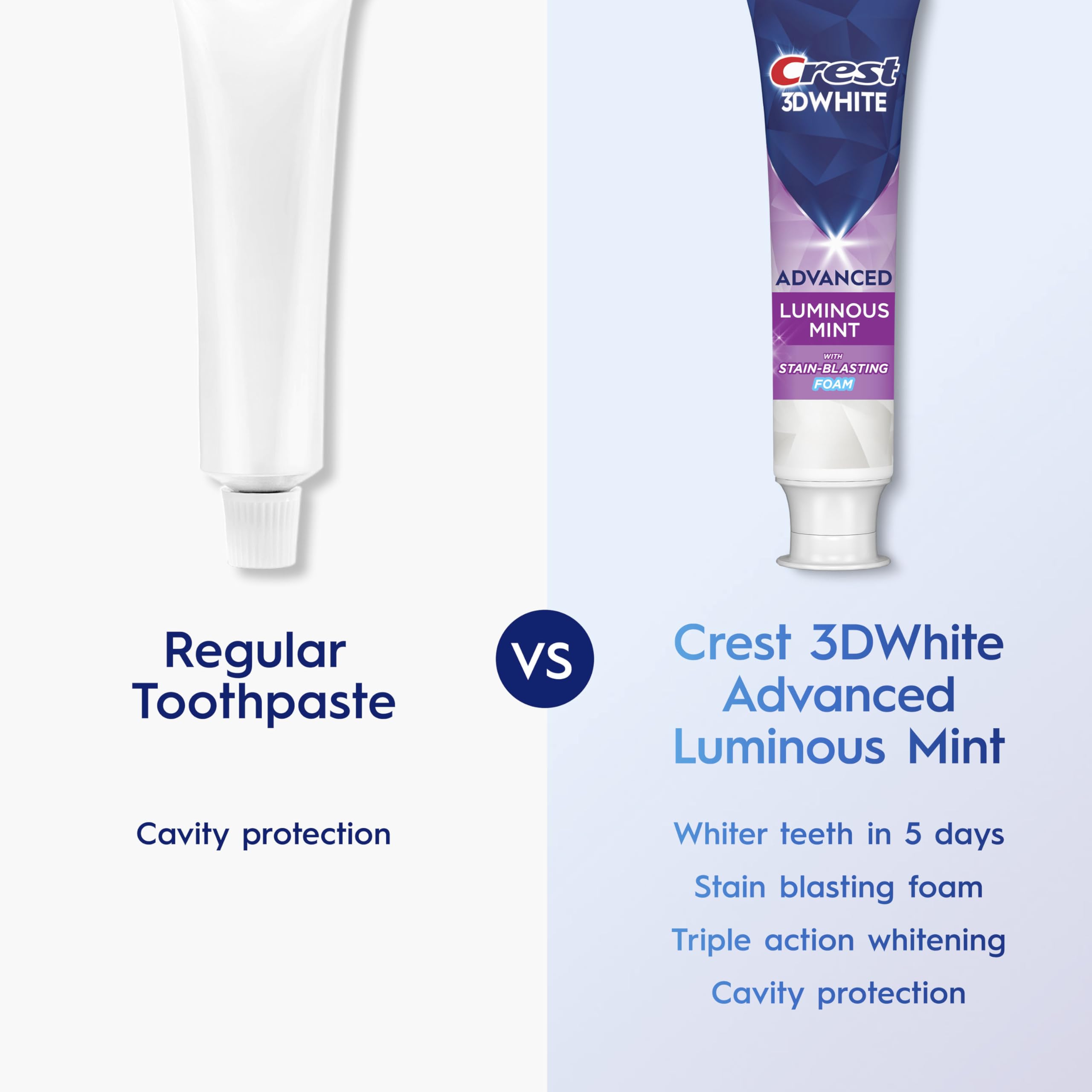 Crest 3D White Advanced Luminous Mint toothpaste tube with open cap.