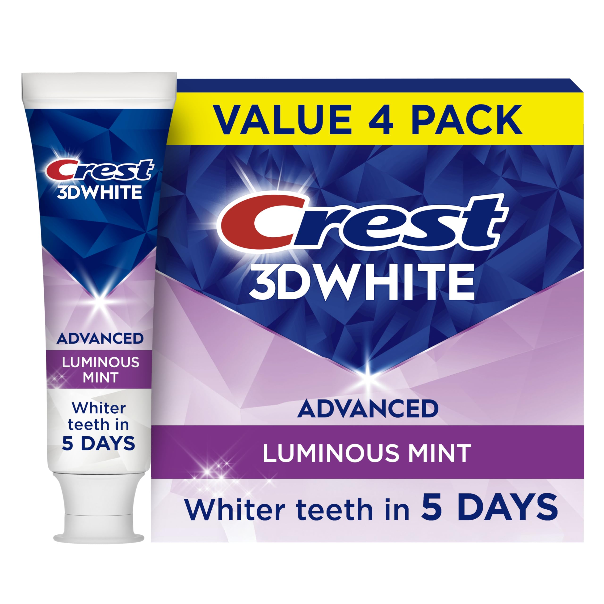 Crest 3D White Advanced Luminous Mint toothpaste tube ready for whitening and enamel protection.