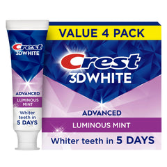 Crest 3D White Advanced Luminous Mint toothpaste tube ready for whitening and enamel protection.