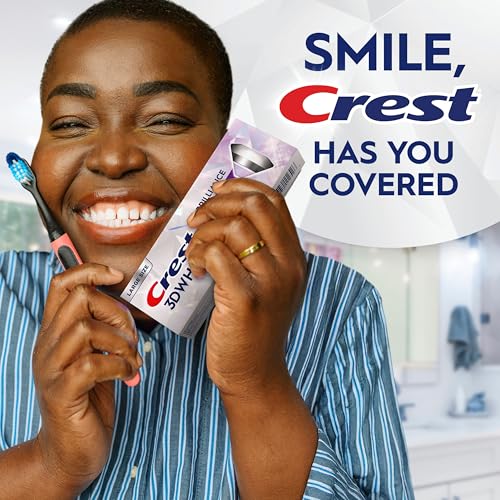 Crest 3D White Brilliance before-after visual hints at whitening gains.