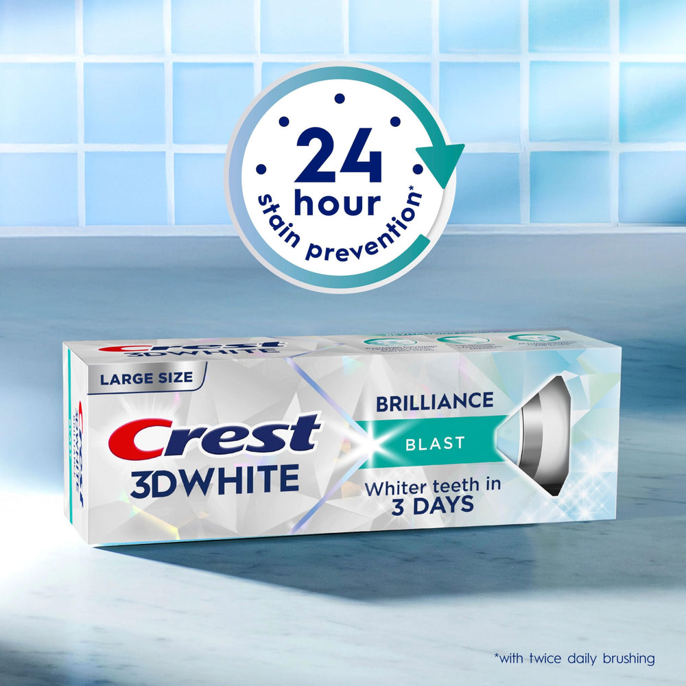 Crest 3D White Brilliance Blast packaging on display emphasizes 24-hour stain protection