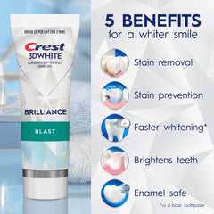 Crest 3D White Brilliance Blast toothpaste back label highlights fluoride cavity protection