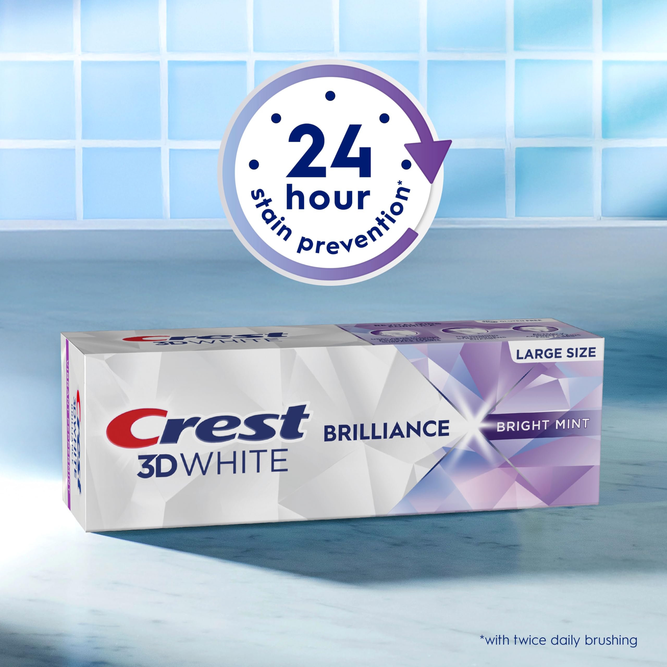 Crest 3D White Brilliance 3-tube pack demonstrates convenient whitening routine.