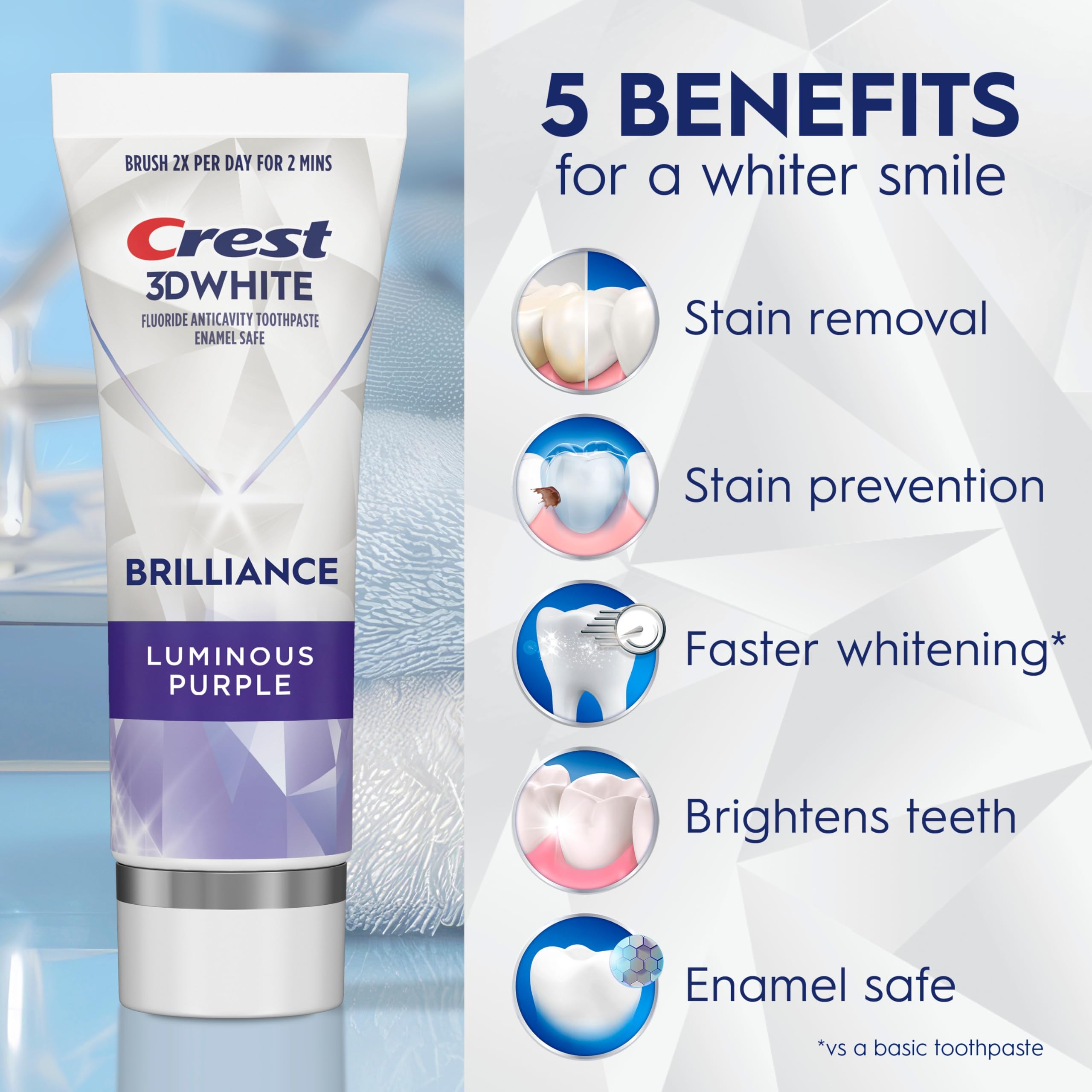 Pack of three Crest 3D White Brilliance tubes ready for bulk whitening routine.