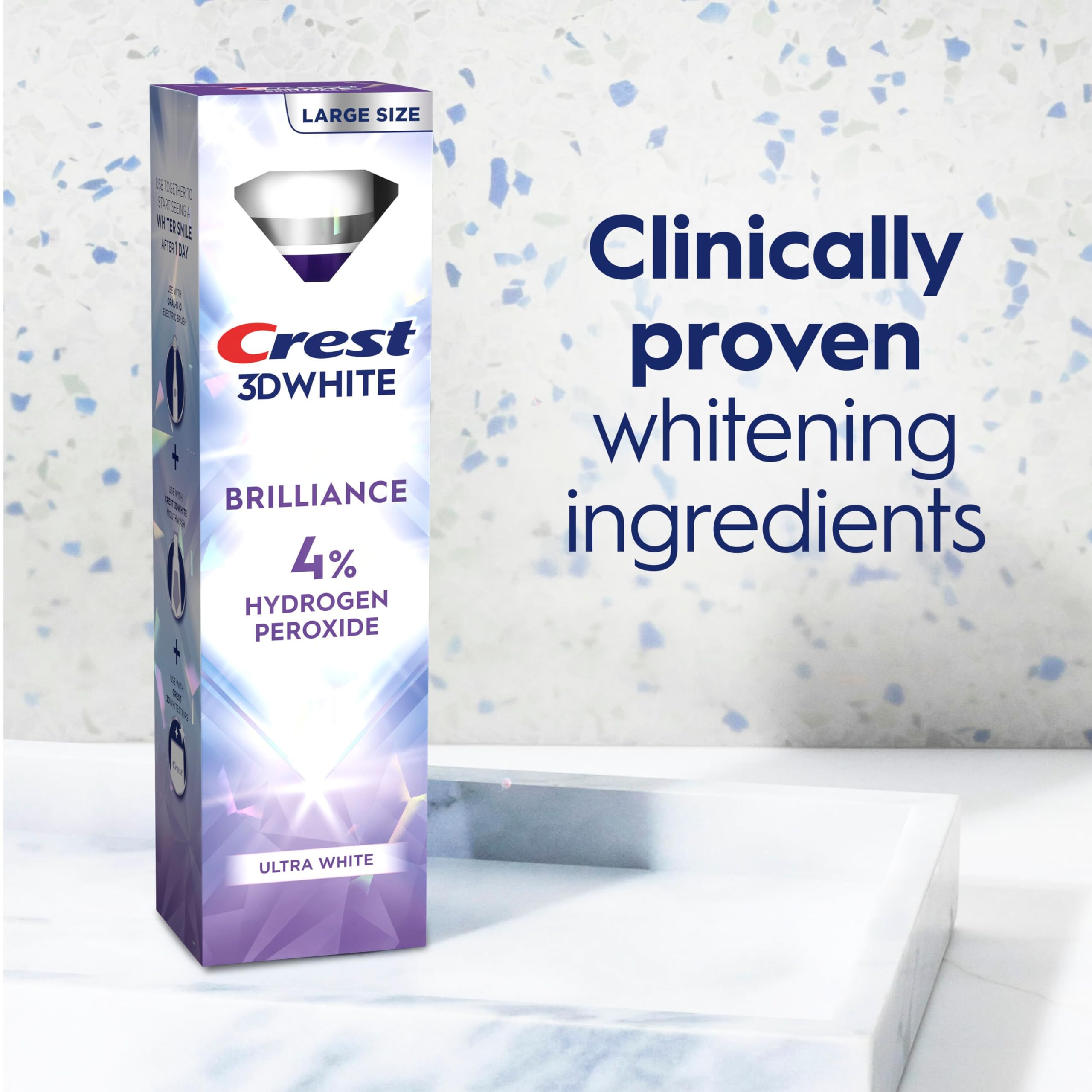 Crest 3D White Brilliance Pro closeup of toothpaste swirl denoting whitening action
