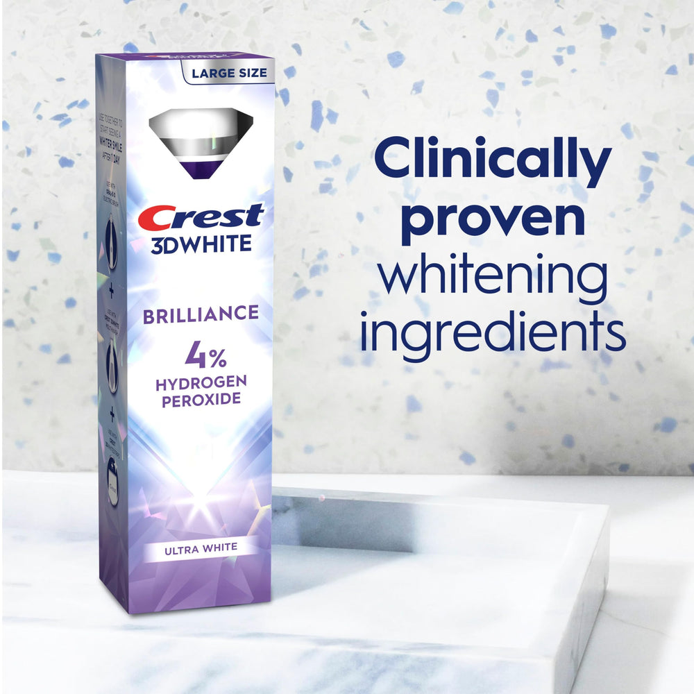 Crest 3D White Brilliance Pro closeup of toothpaste swirl denoting whitening action