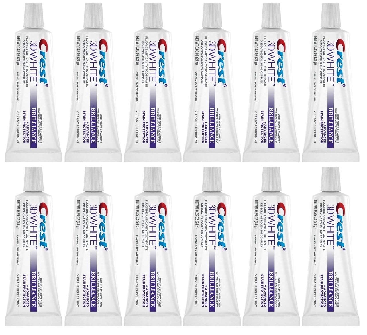 Crest 3D White Brilliance toothpaste tube with peppermint flavor for enamel protection.