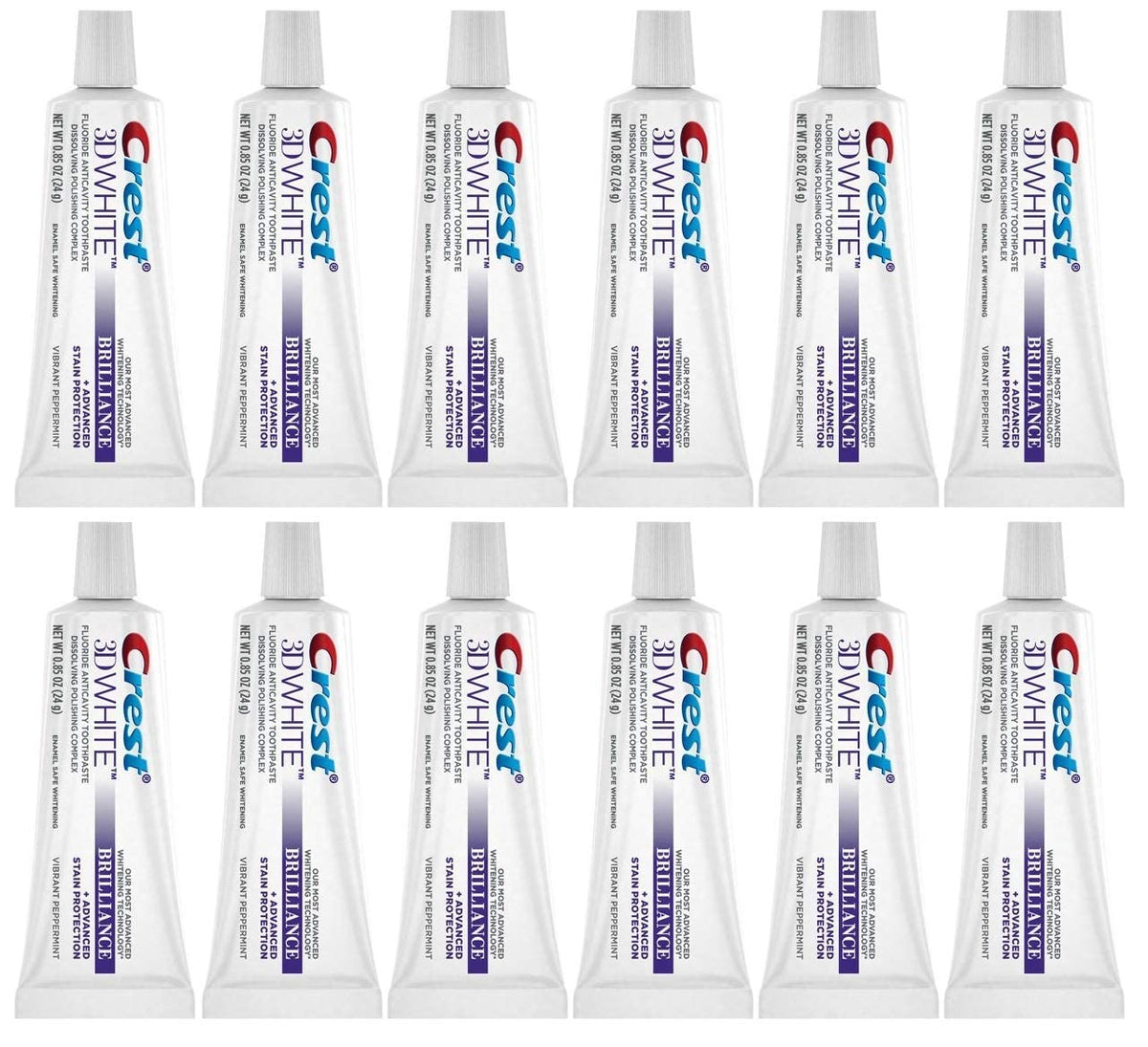 Crest 3D White Brilliance toothpaste tube with peppermint flavor for enamel protection.