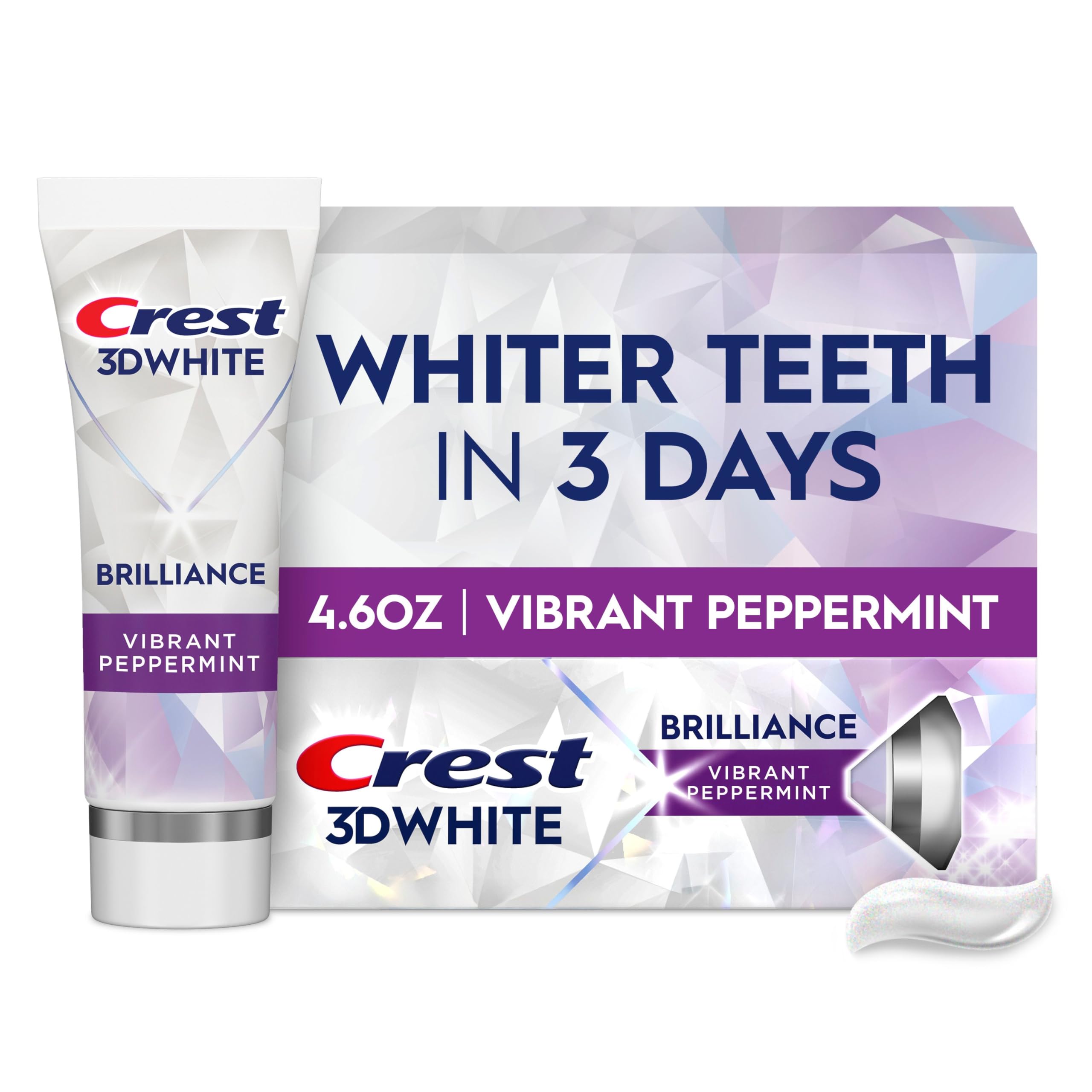 Crest 3D White Brilliance toothpaste tube in peppermint for whitening.
