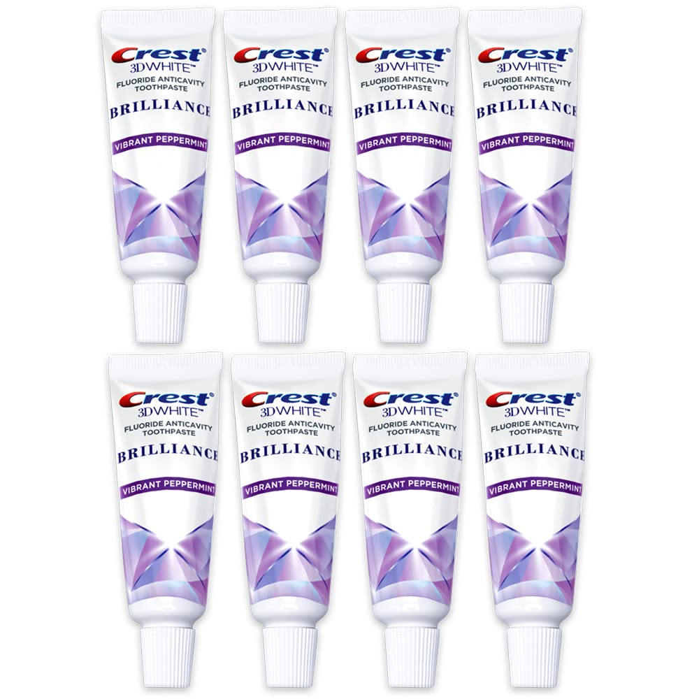 Crest 3D White Brilliance toothpaste tube for everyday whitening and fresh breath.