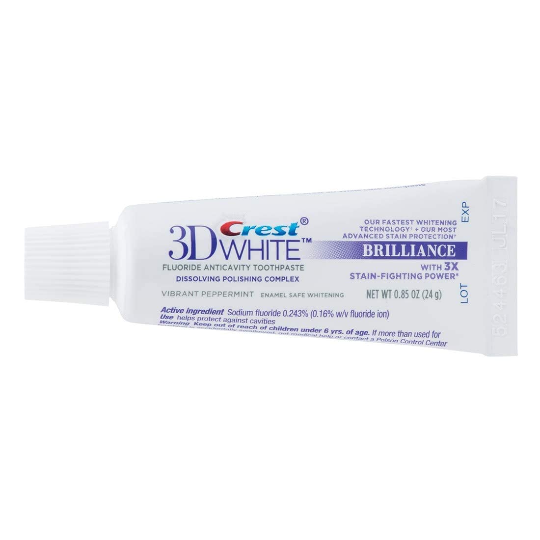 Crest 3D White Brilliance travel-size tubes in a pack for on-the-go whitening.