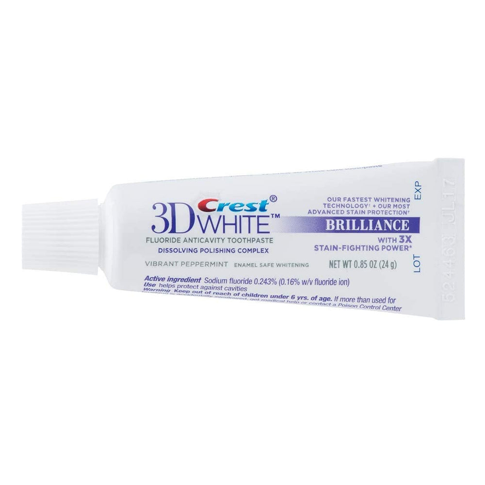 Crest 3D White Brilliance travel-size tubes in a pack for on-the-go whitening.