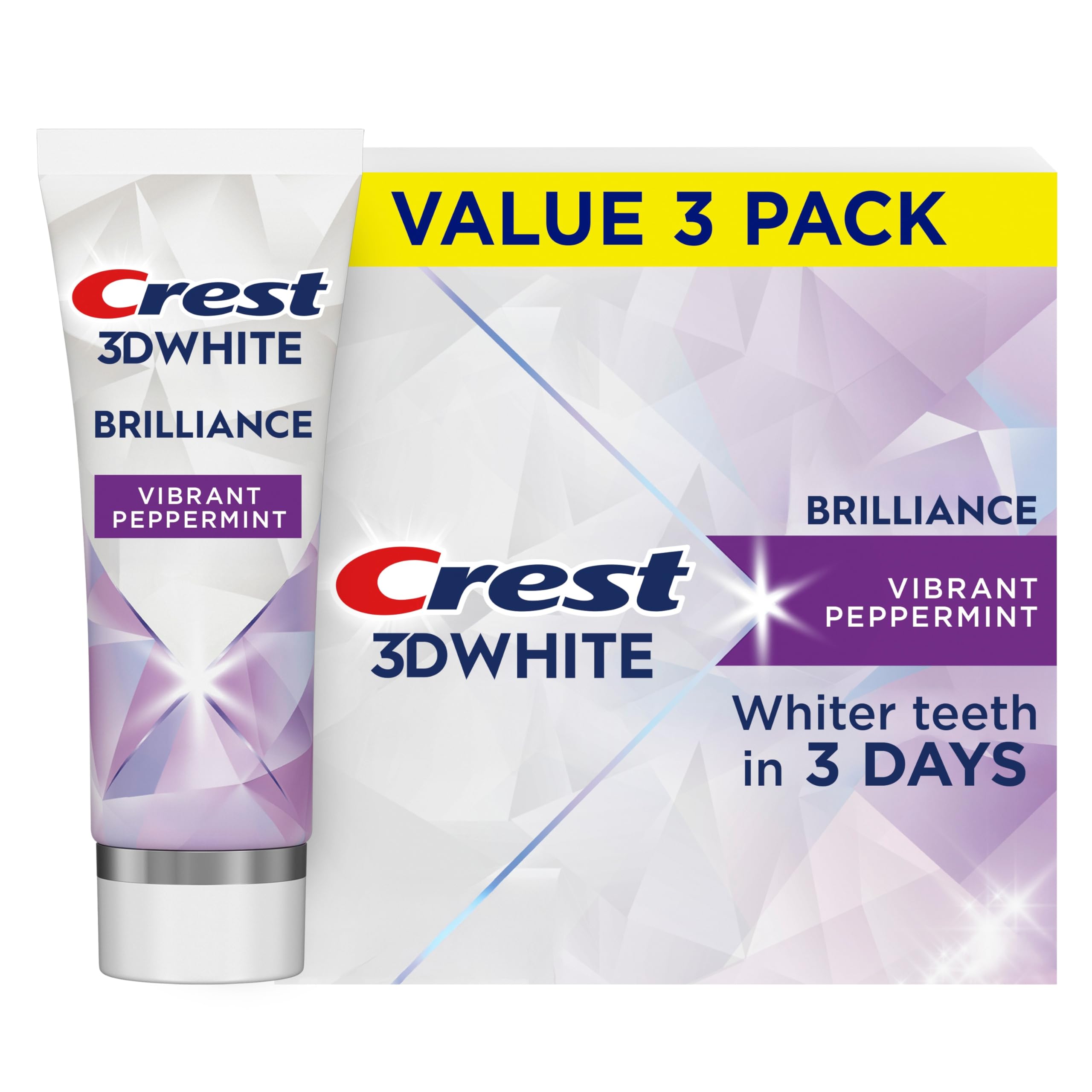 Crest 3D White Brilliance Vibrant Peppermint toothpaste tube front for a fresh start