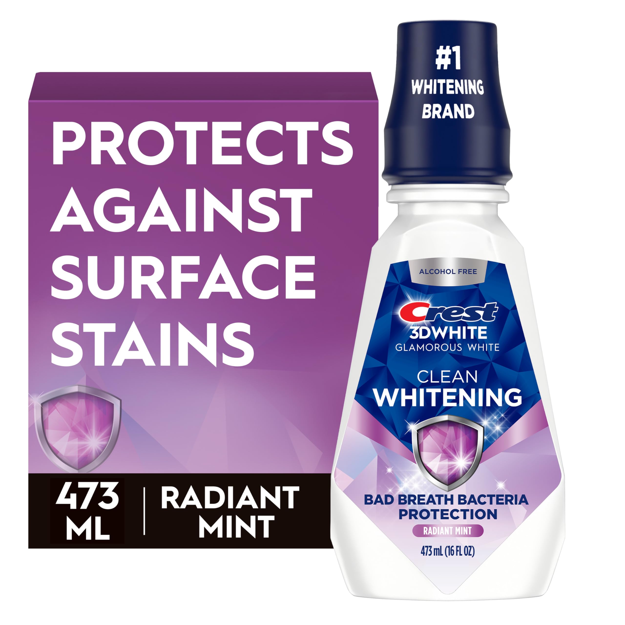 Crest 3D White Glamorous White bottle on bathroom counter for whitening routine.