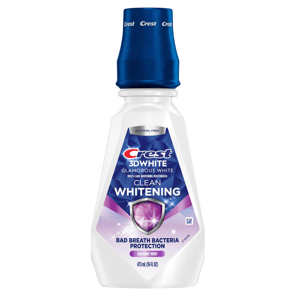 Close view of Crest 3D White Glamorous White bottle on shelf.