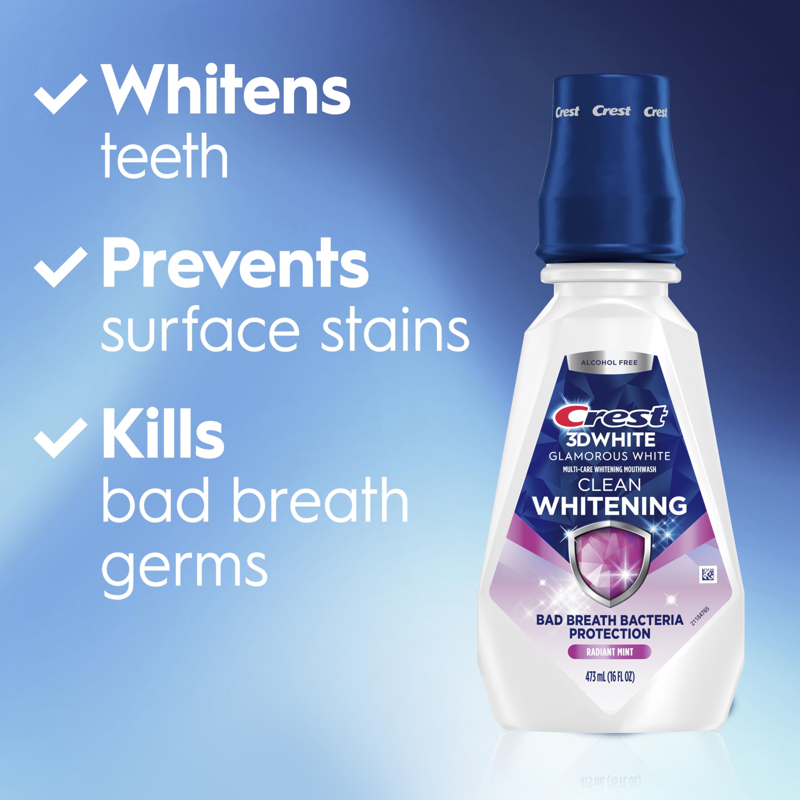 Crest 3D White Glamorous White being poured for quick mouthwash rinse.