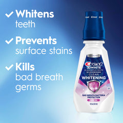 Crest 3D White Glamorous White being poured for quick mouthwash rinse.