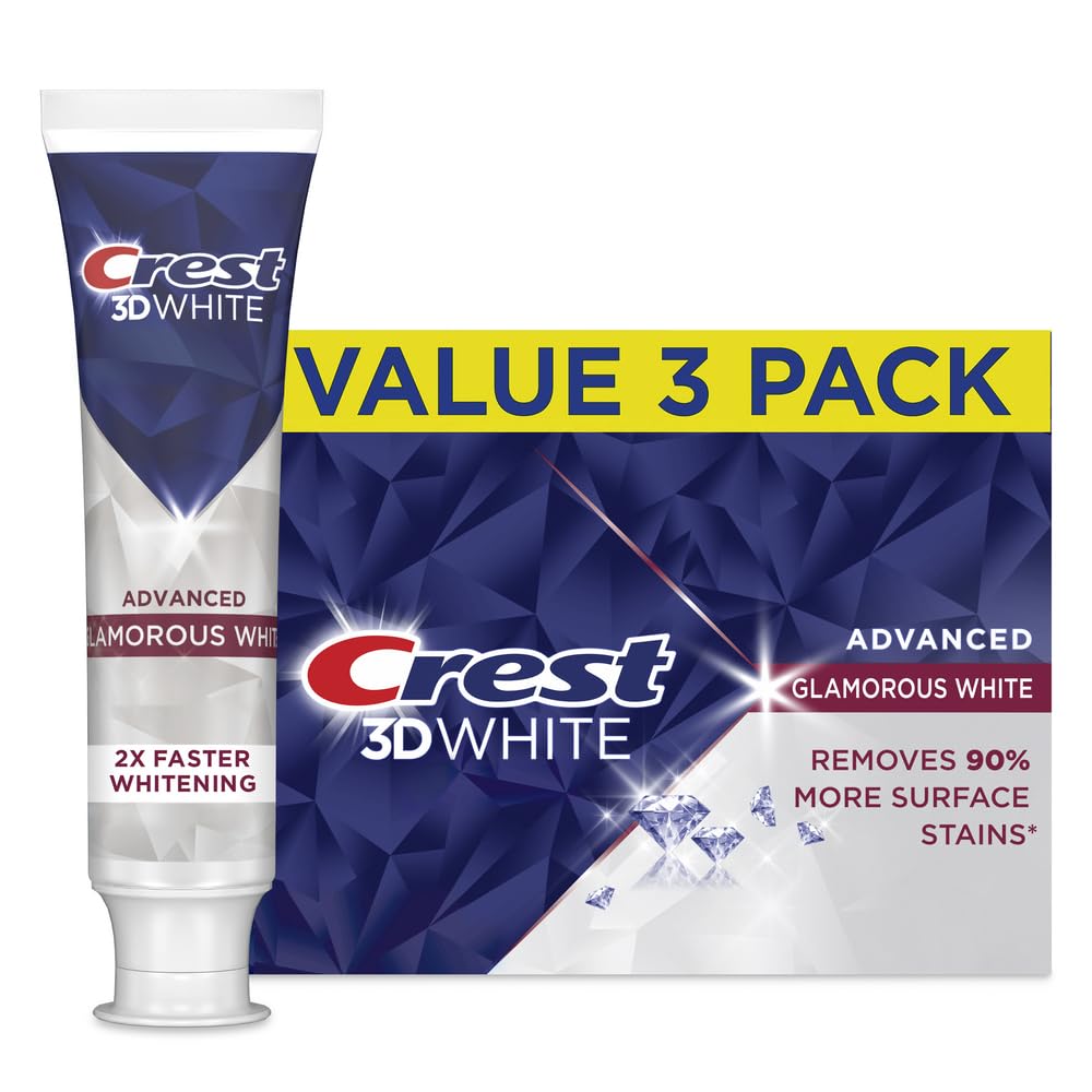 Crest 3D White Glamorous White toothpaste pack removes surface stains for a brighter smile