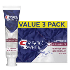 Crest 3D White Glamorous White toothpaste pack removes surface stains for a brighter smile