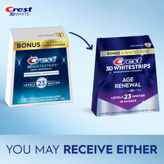 Close-up of Crest 3D Whitestrips Age Renewal strips on teeth for noticeable whitening
