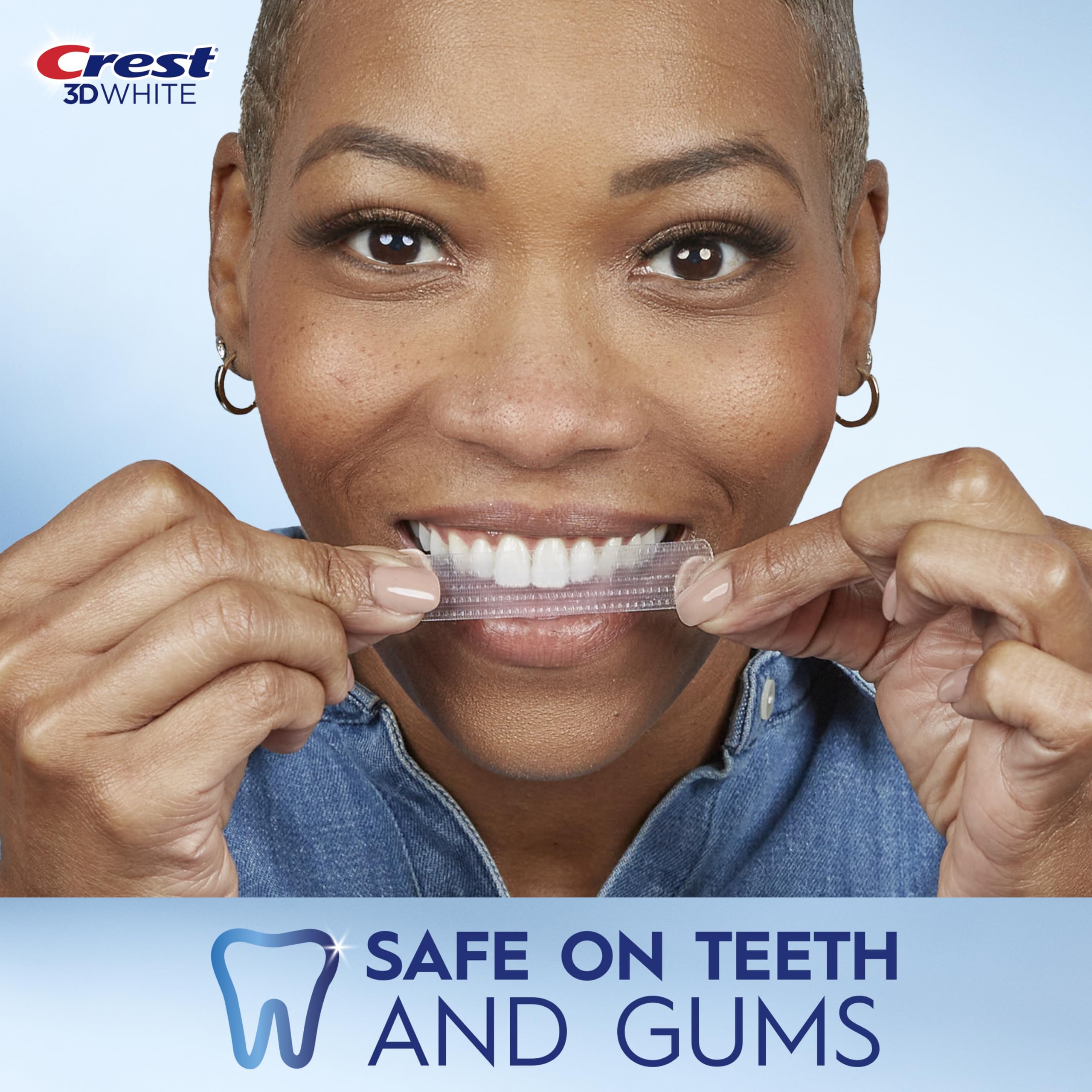 Upper and lower Crest 3D Whitestrips Age Renewal strips ready for whitening