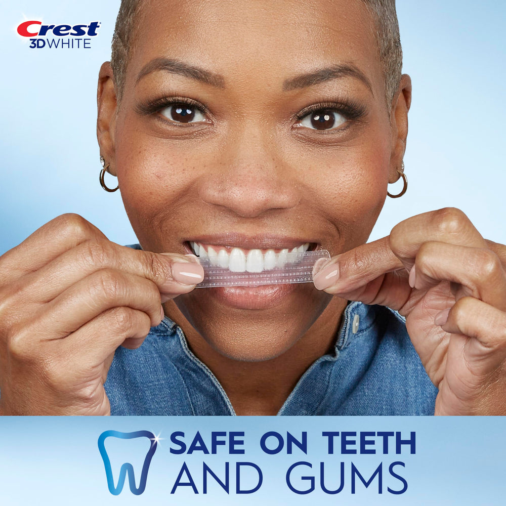 Upper and lower Crest 3D Whitestrips Age Renewal strips ready for whitening