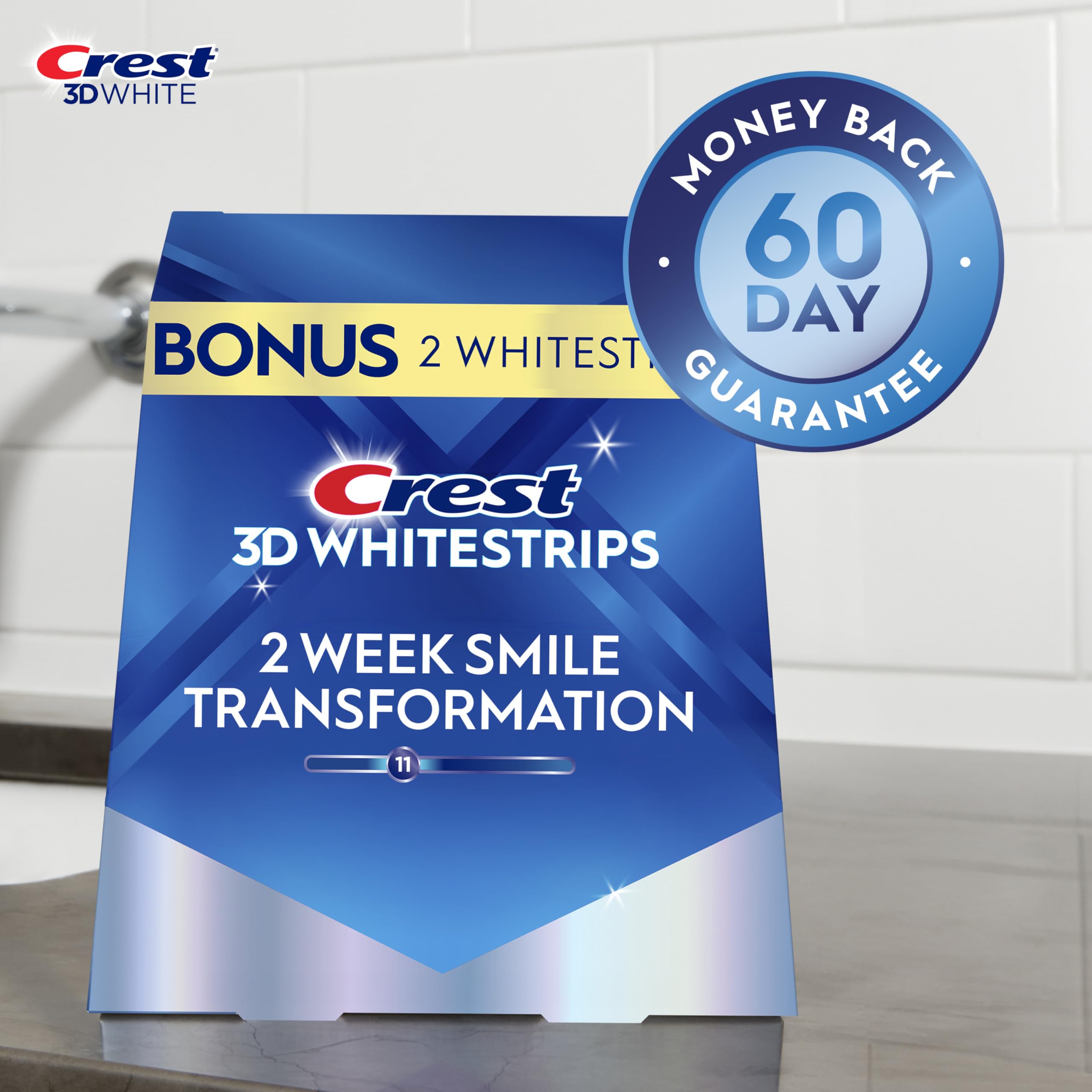 Crest 3D Whitestrips Glamorous White application step shows simple 30-minute routine