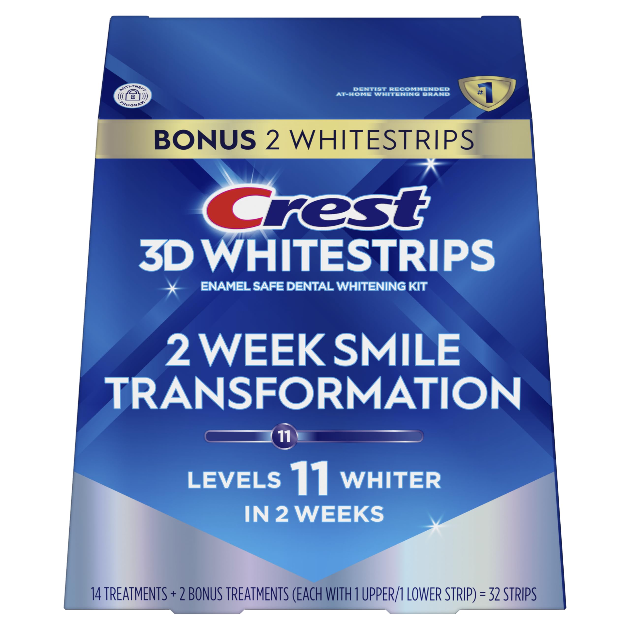 Crest 3D Whitestrips Glamorous White box and strips convey professional at-home credibility