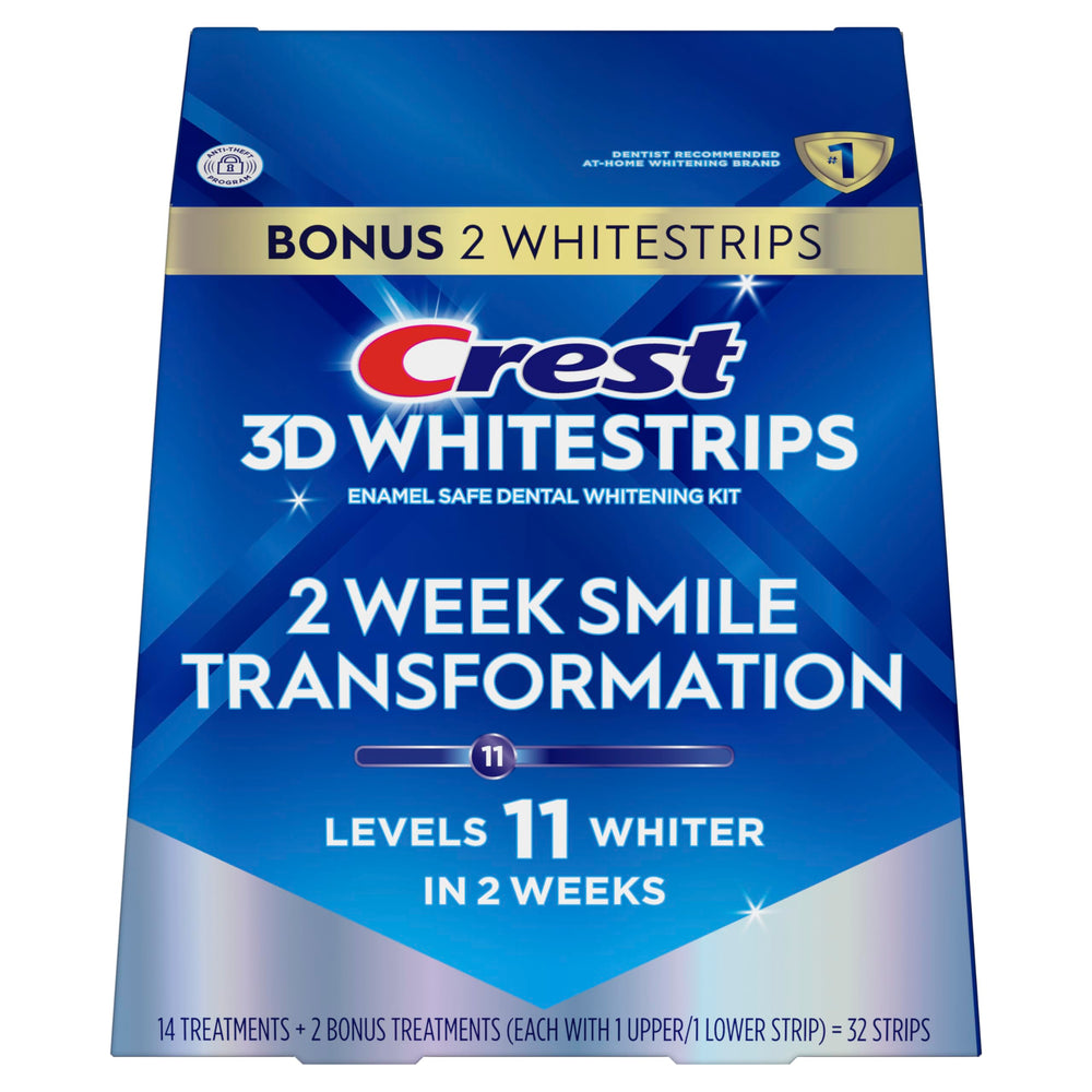 Crest 3D Whitestrips Glamorous White box and strips convey professional at-home credibility