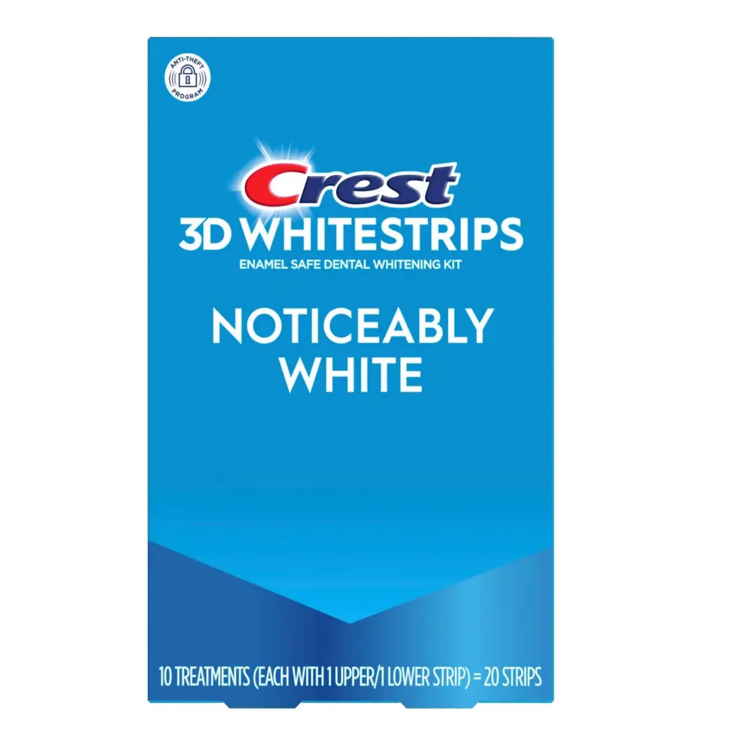 Crest 3D Whitestrips Noticeably White 20-strip pack showing potential whitening for a brighter smile