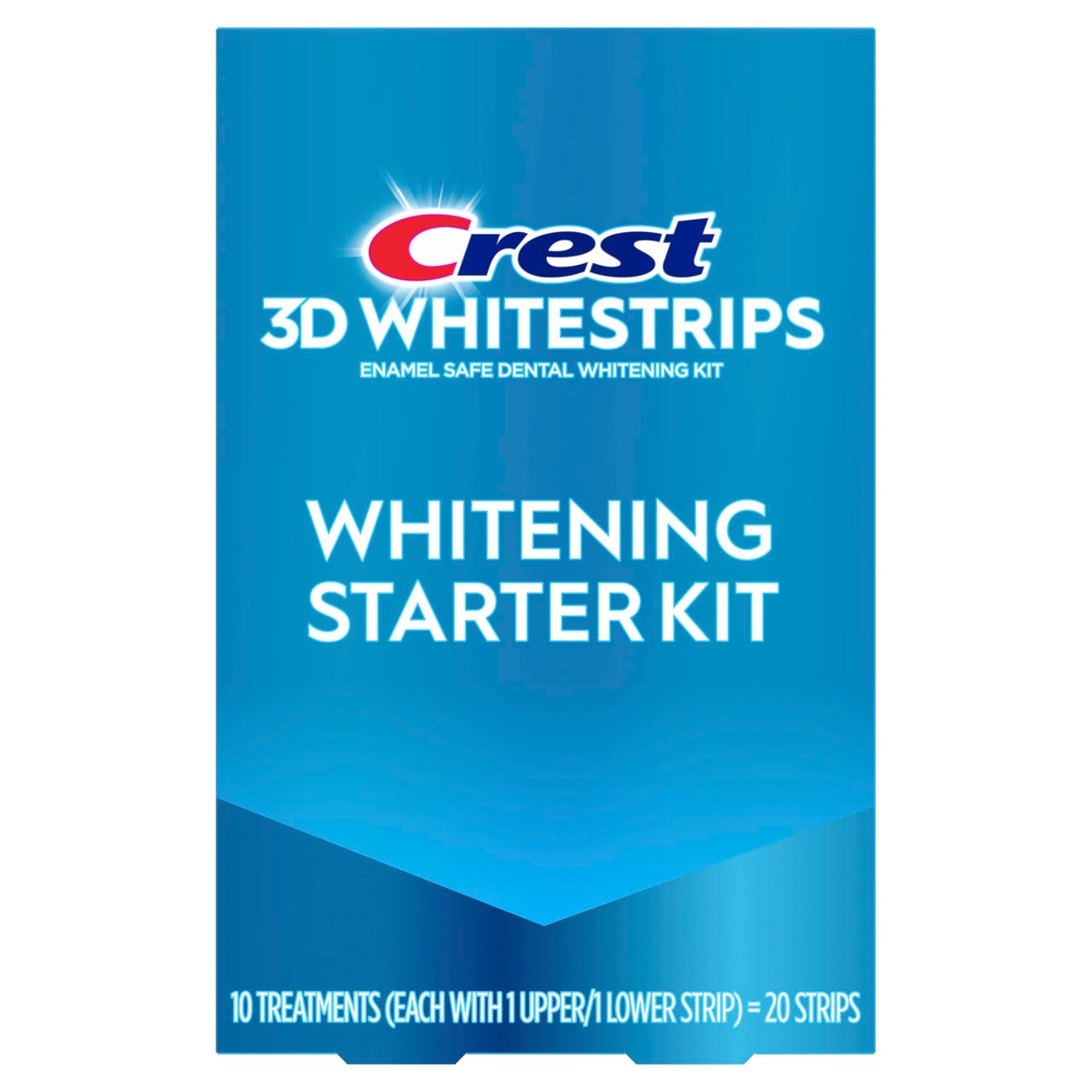 Crest 3D Whitestrips whitening starter kit box, convenient at-home whitening