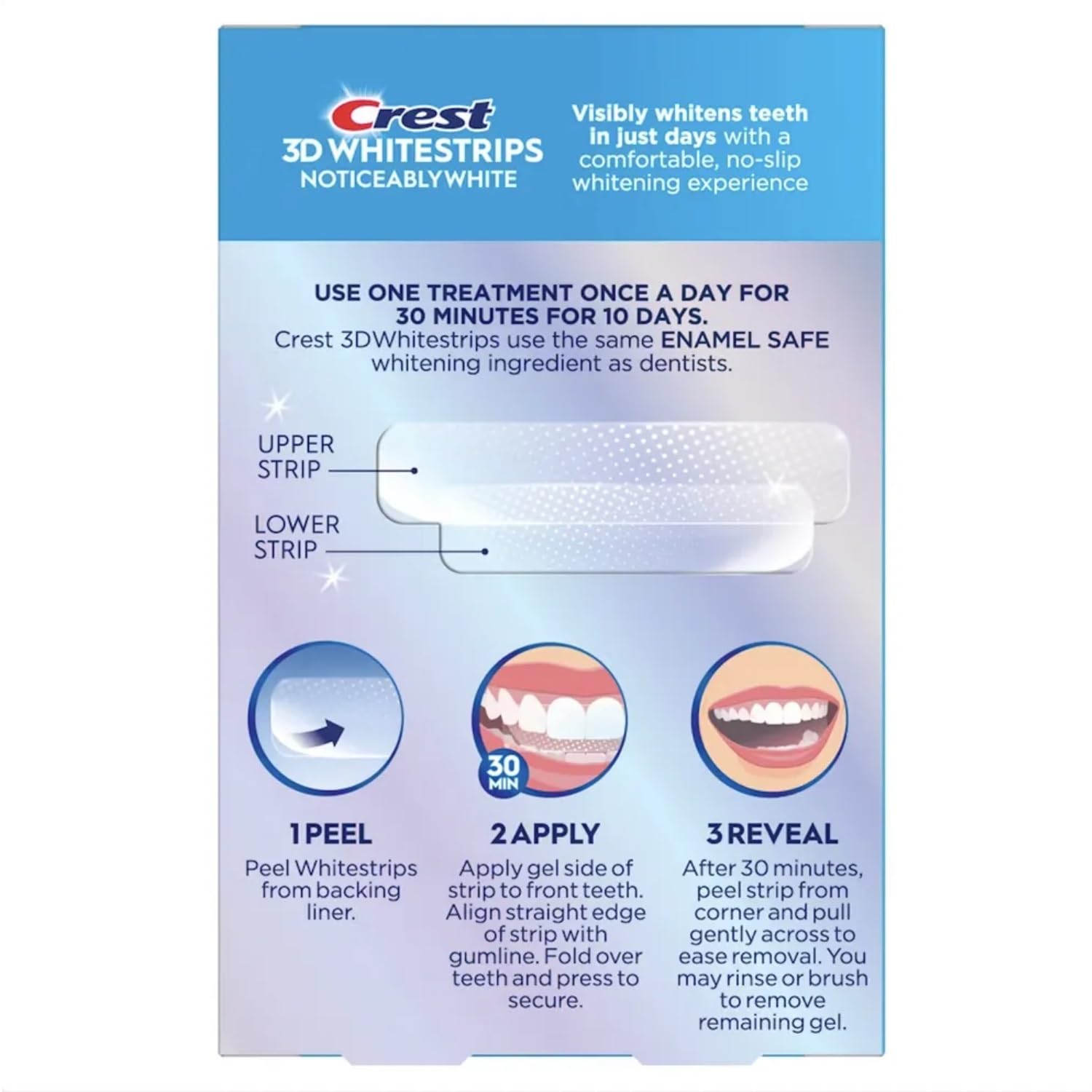 Crest 3D Whitestrips upper and lower strips ready for use