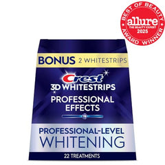 Crest 3D Whitestrips upper strip on teeth for whitening session.