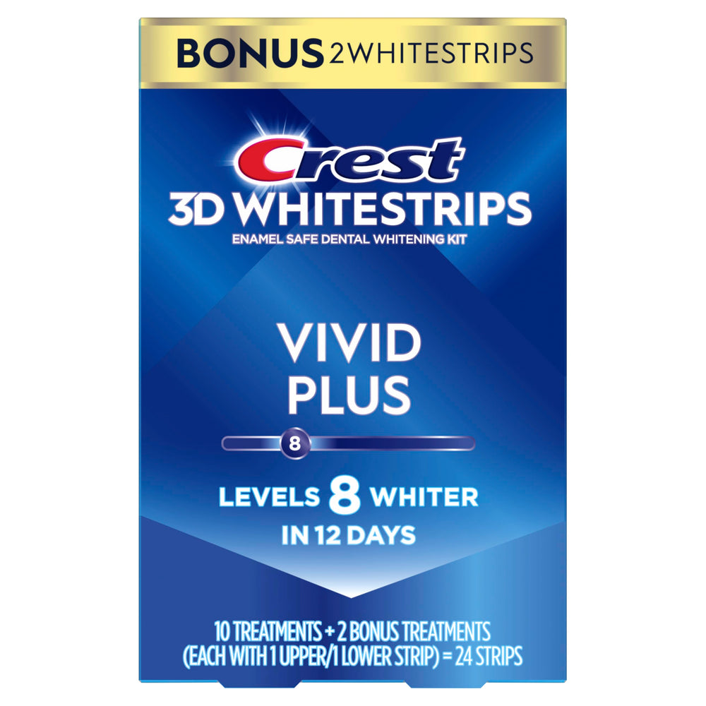 Crest 3D Whitestrips Vivid Plus enamel-safe whitening formula close-up