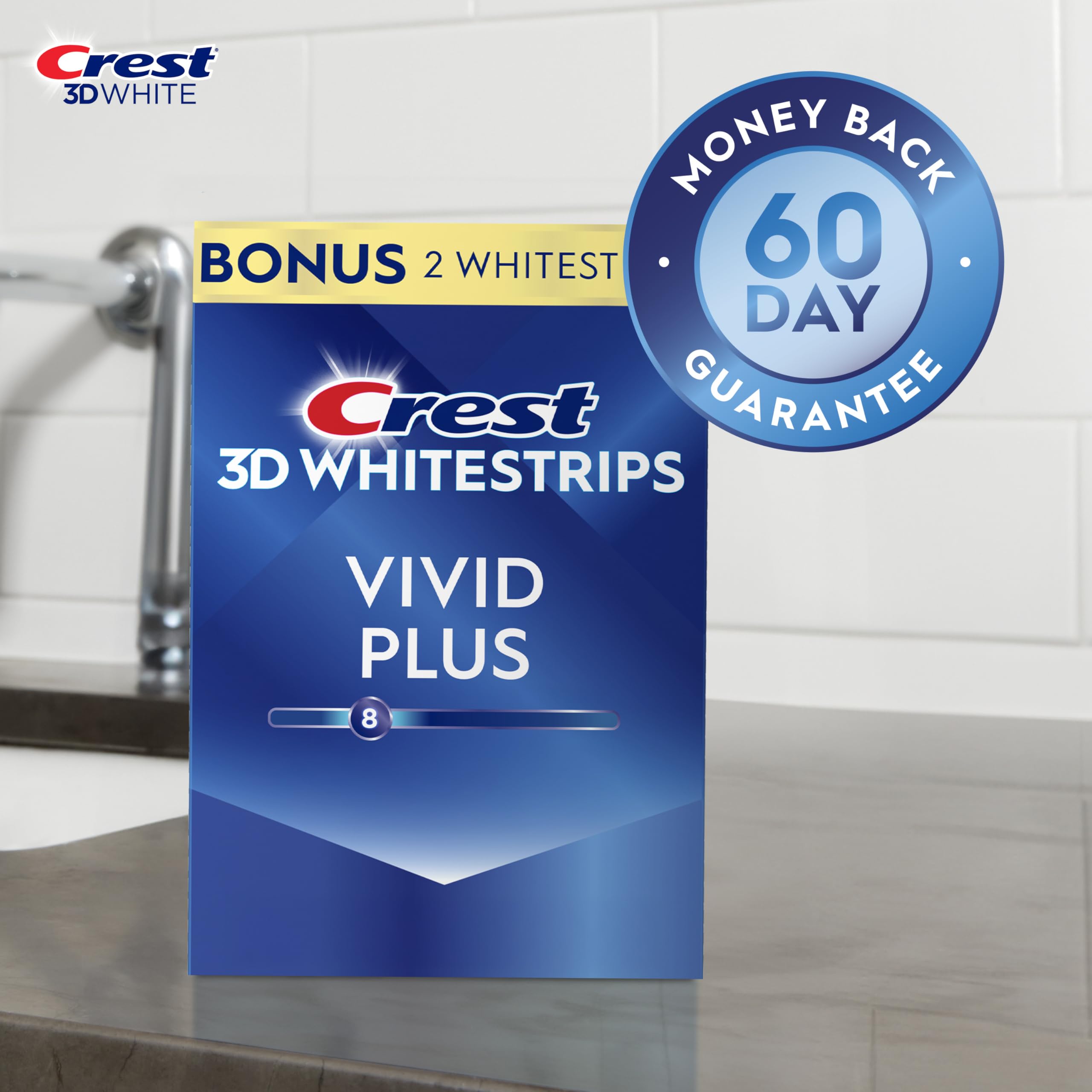 Crest 3D Whitestrips Vivid Plus packaging box showing kit contents