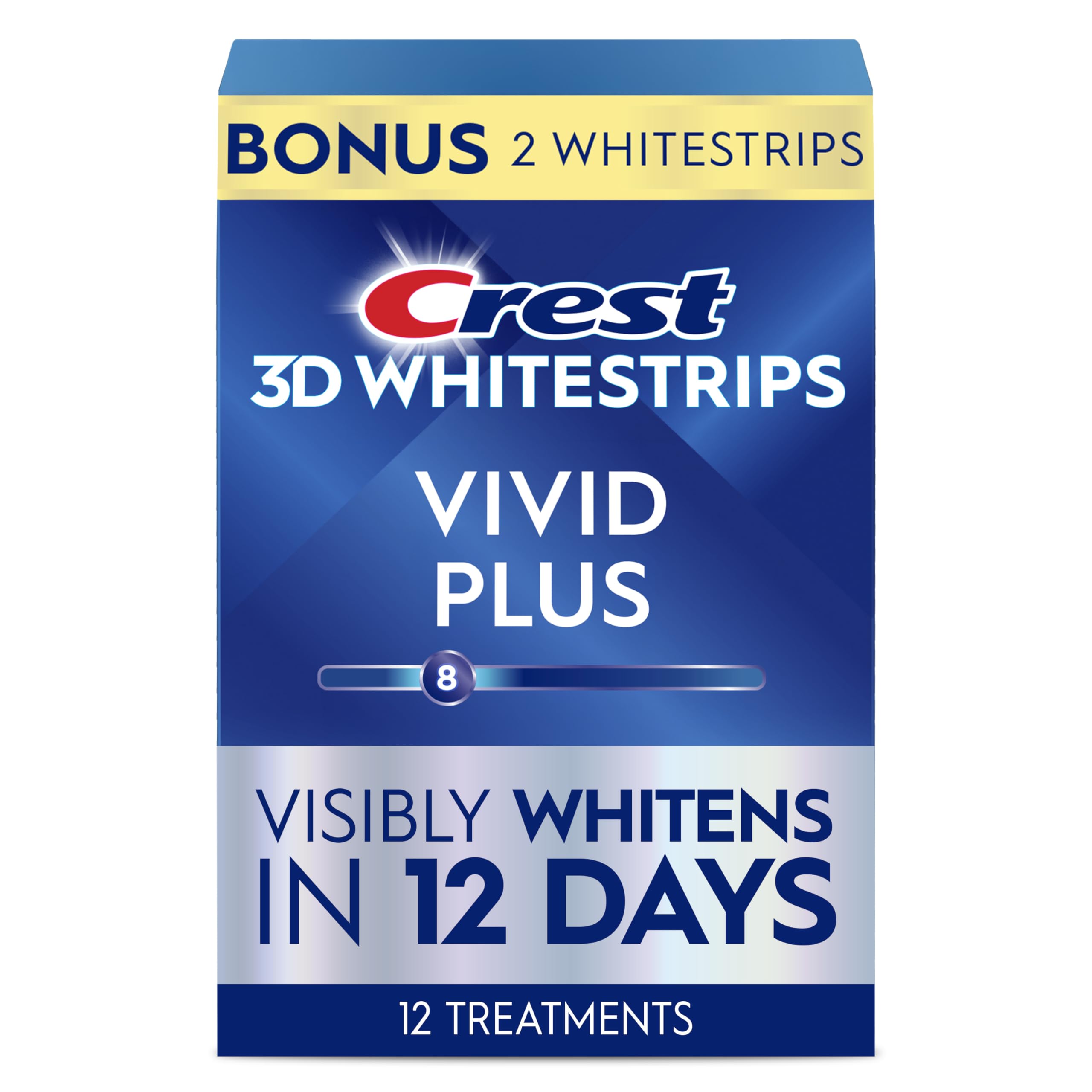 Crest 3D Whitestrips Vivid Plus top strip applied for whitening benefits