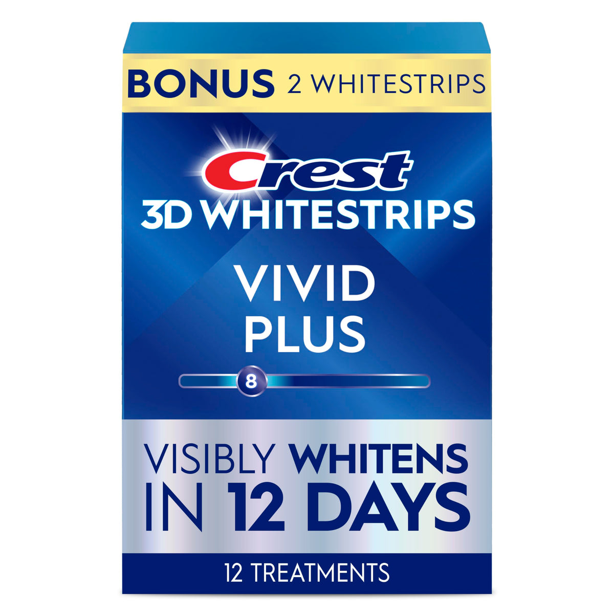 Crest 3D Whitestrips Vivid Plus top strip applied for whitening benefits