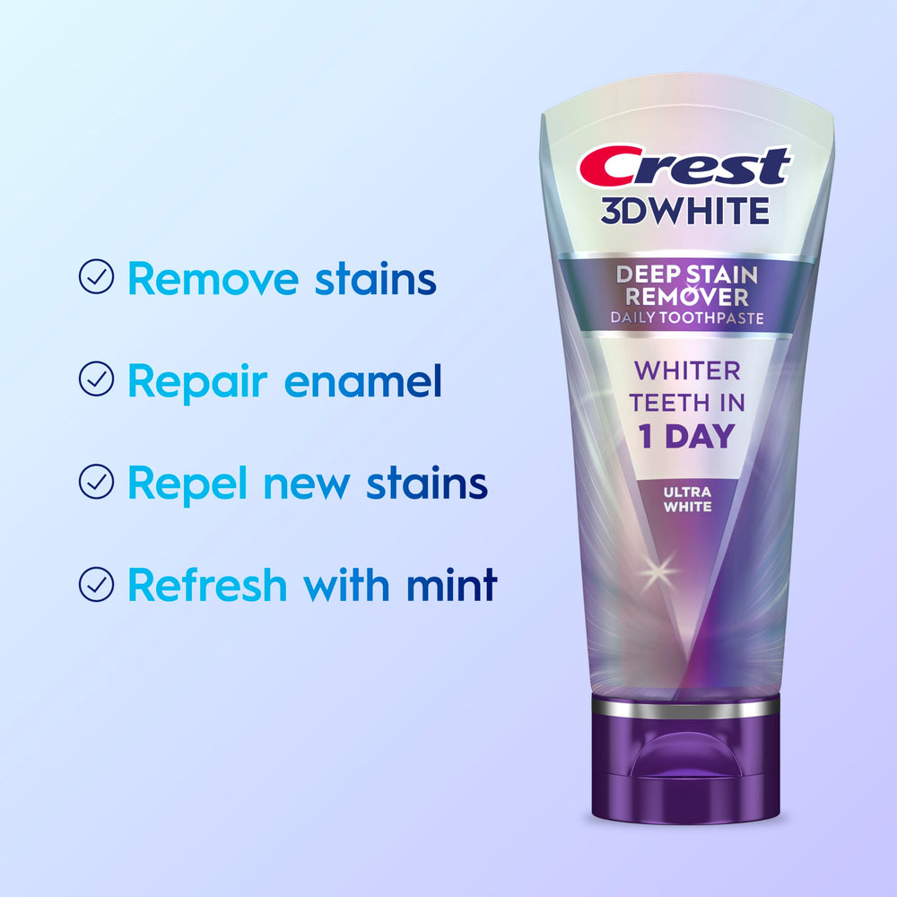 Crest 3D White Brilliance toothpaste tube dispensing on a sink