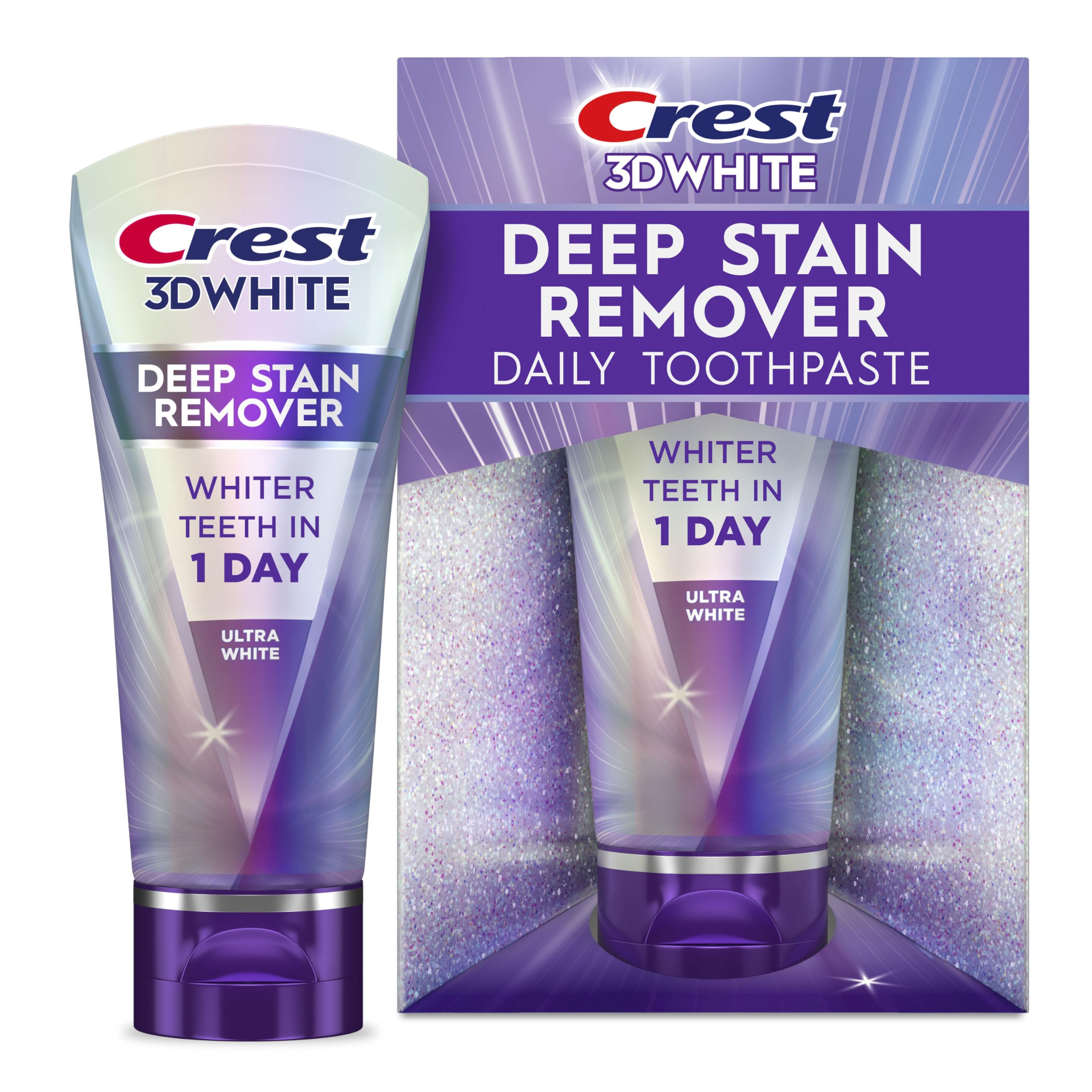 Crest 3D White Brilliance toothpaste tube front shows premium whitening packaging