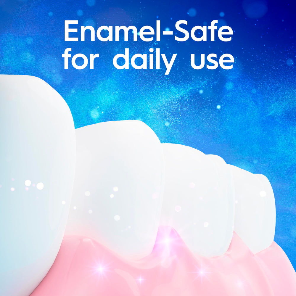 Crest 3DWhite Sensitivity Relief tube beside brushing timer—reminder for twice-daily two-minute routine.