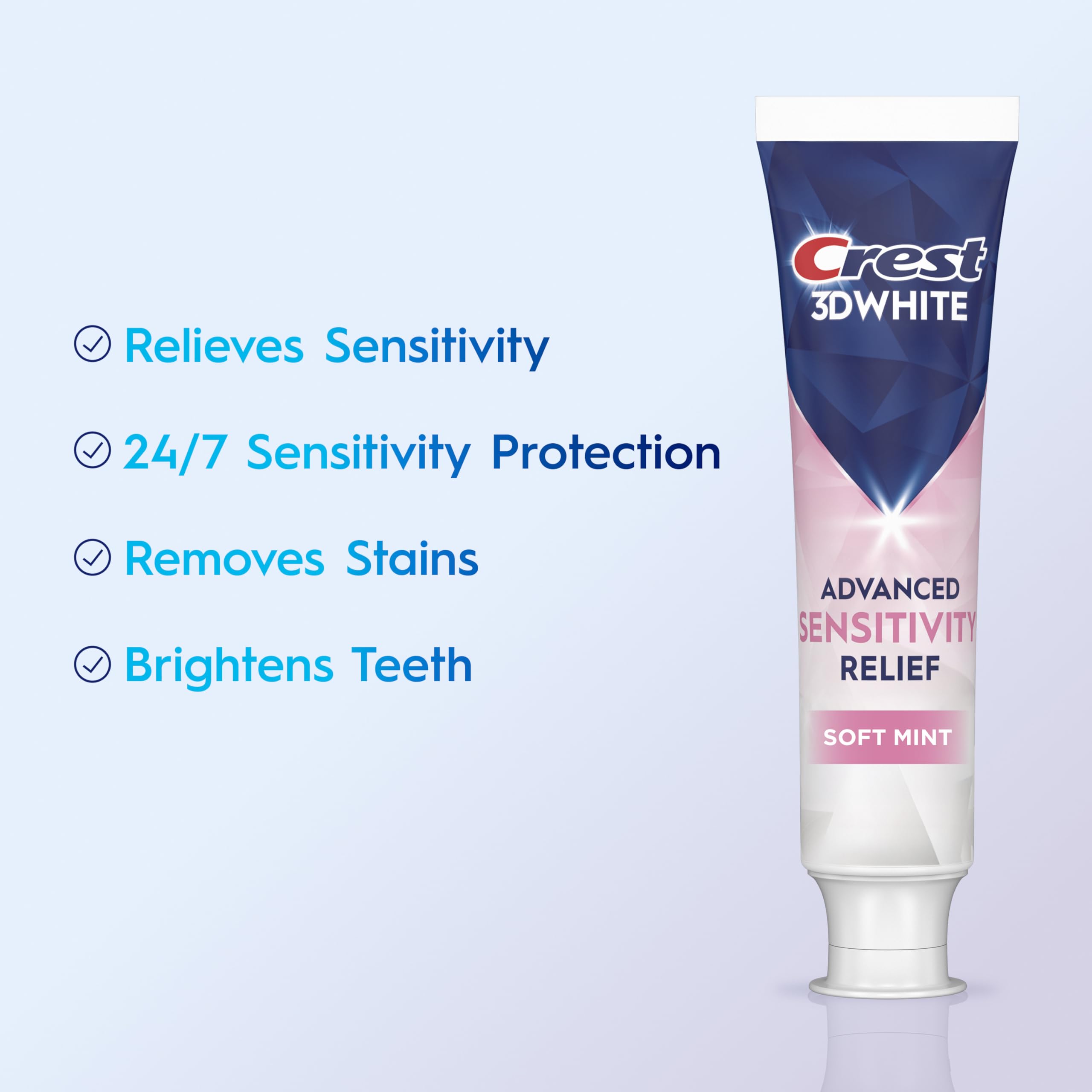 Two-tube Crest 3DWhite Sensitivity Relief packaging—convenience for family brushing routine.