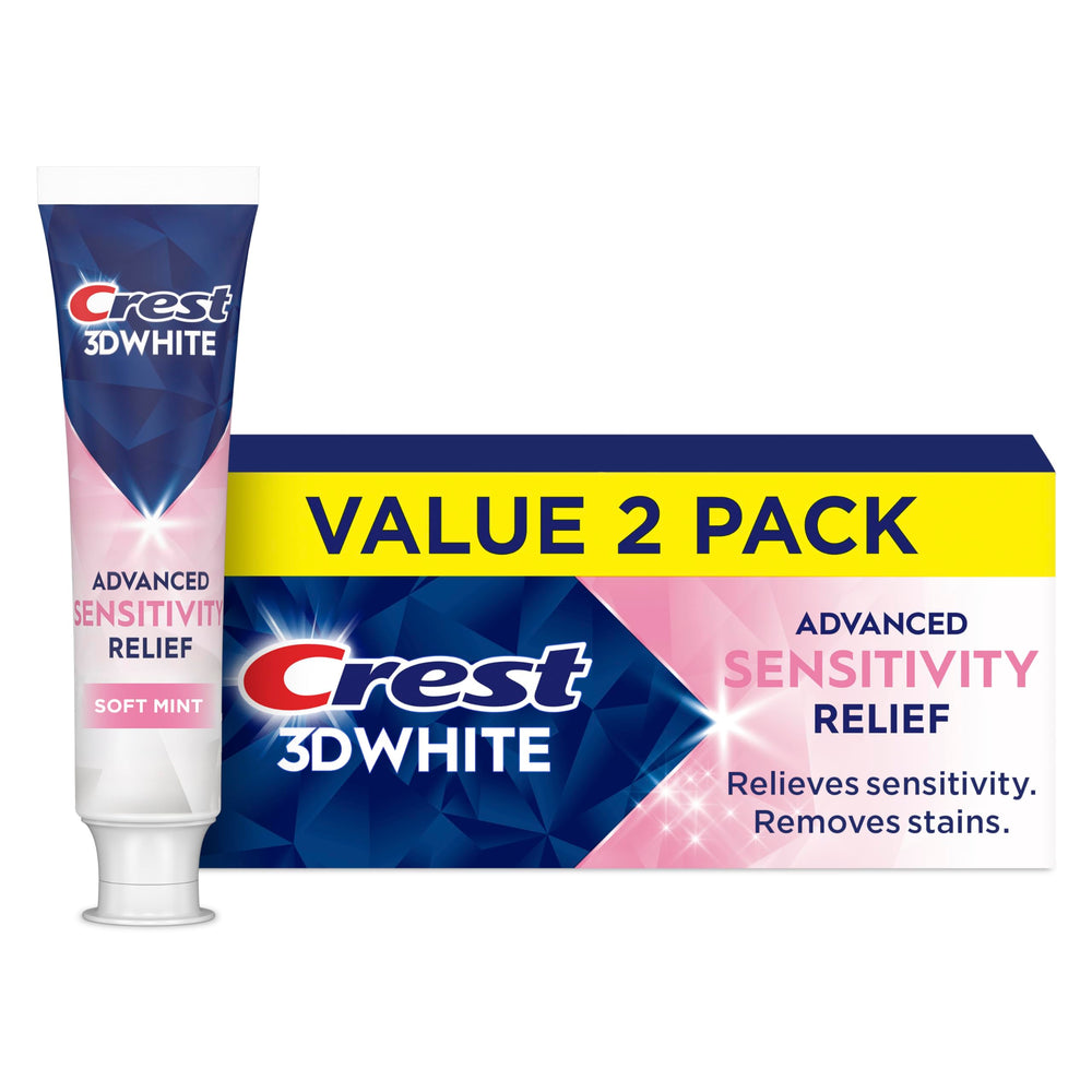 Crest 3DWhite Sensitivity Relief Soft Mint toothpaste tube front shows trusted whitening and anti-sensitivity benefits.