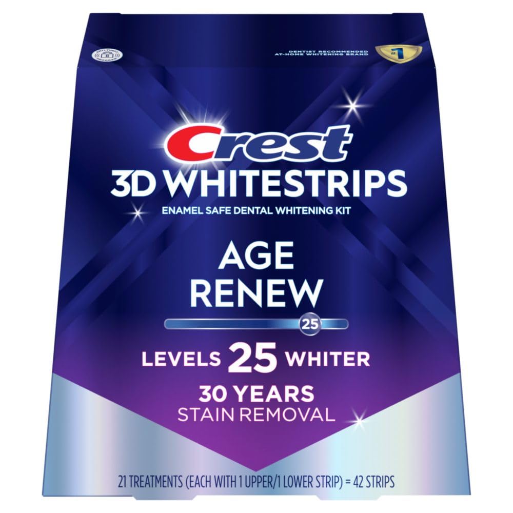 Crest 3D Whitestrips Age Renew box and strips for at-home whitening.