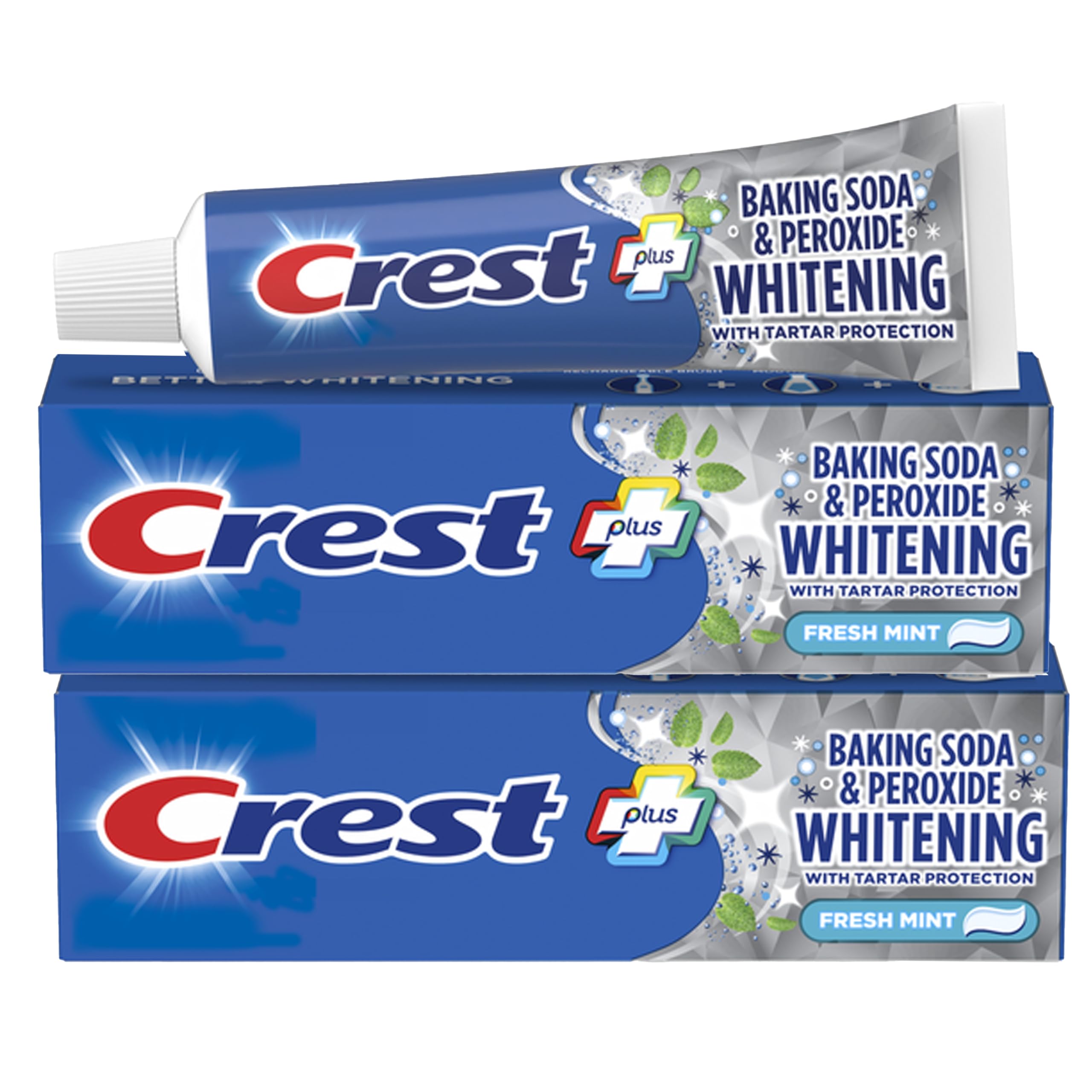 Crest Baking Soda and Peroxide toothpaste tube with fresh mint for whitening and tartar protection