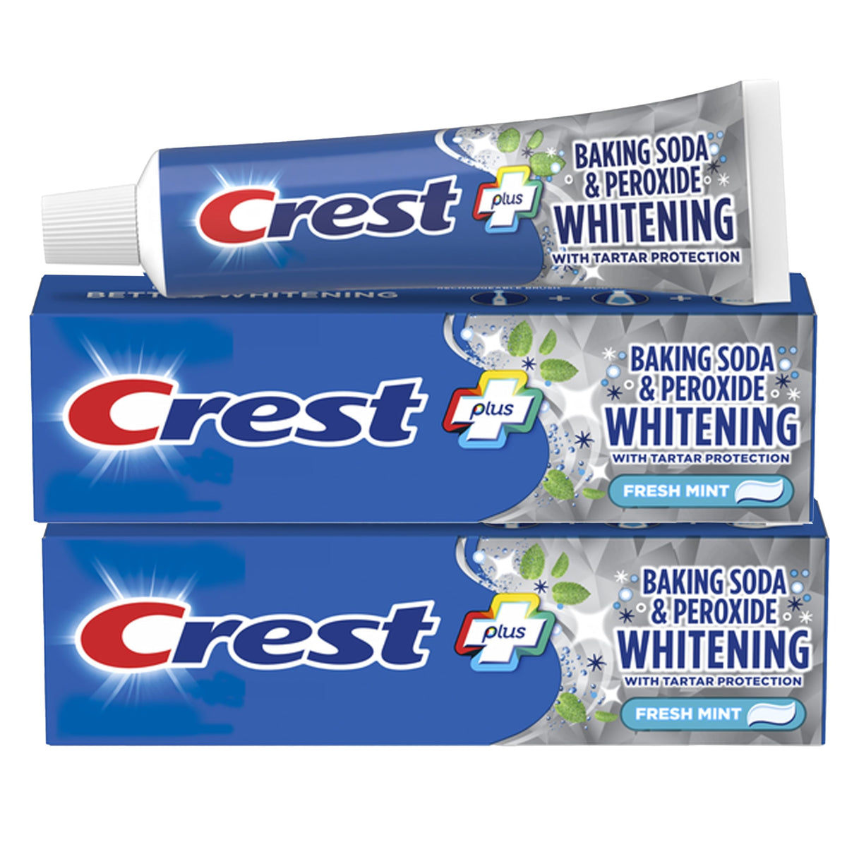 Crest Baking Soda and Peroxide toothpaste tube with fresh mint for whitening and tartar protection