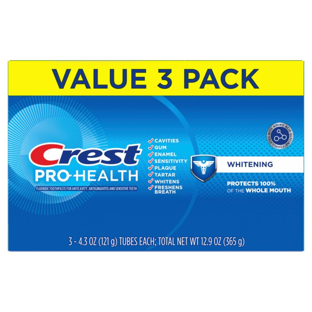 Family bathroom shelf with Crest triple-pack indicating convenience.