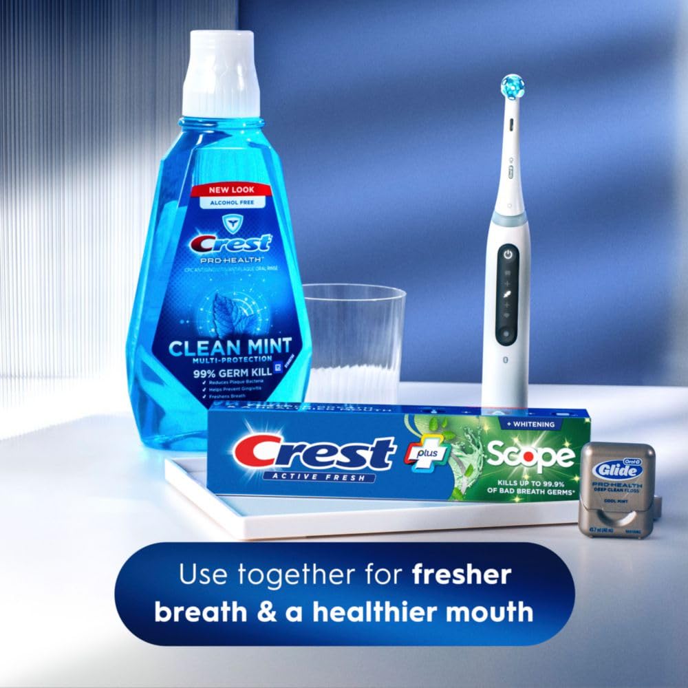 Product bottle cap and label of Crest show minty fresh scent.